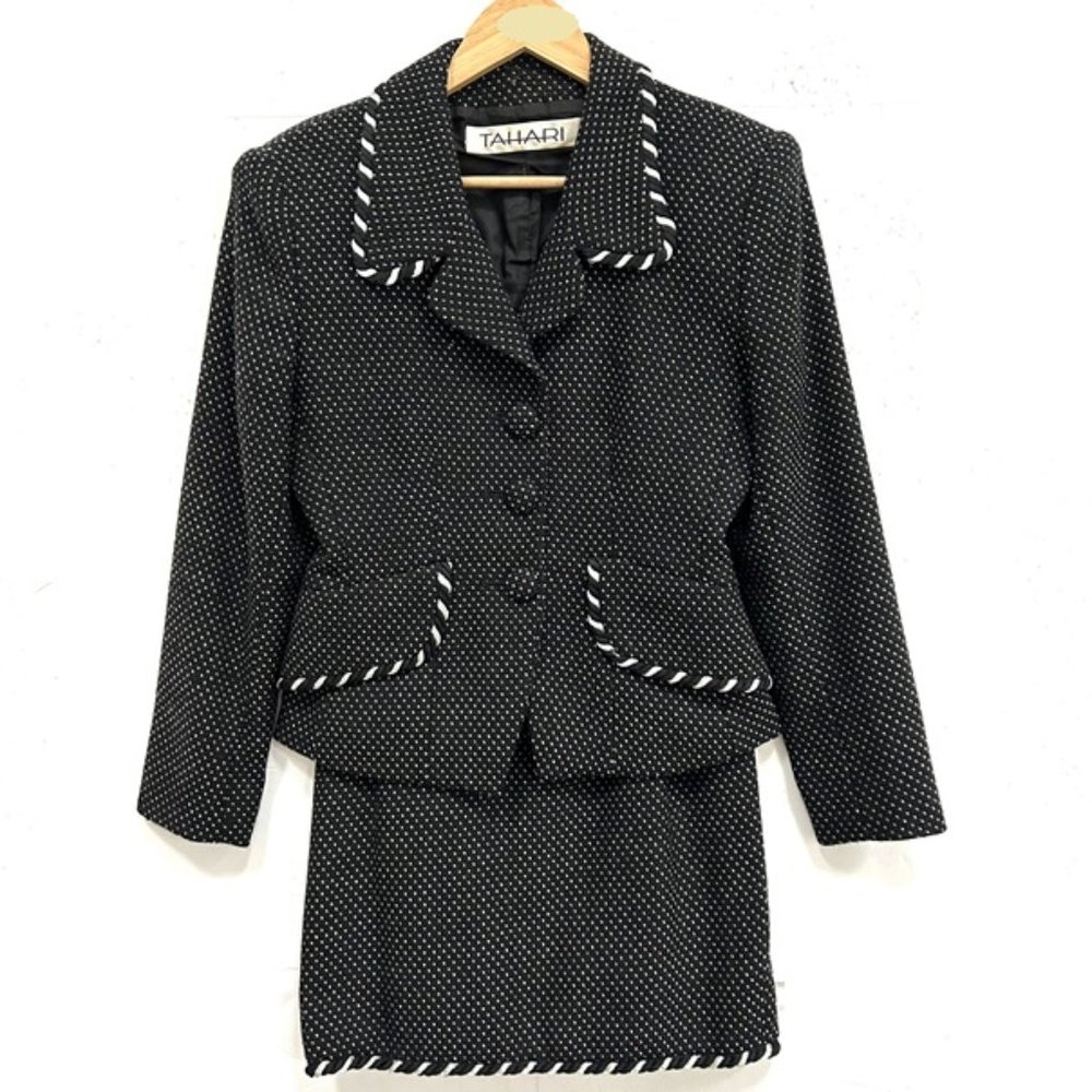 TAHARI Black Textured Wool Skirt Suit Set with Cord Detail